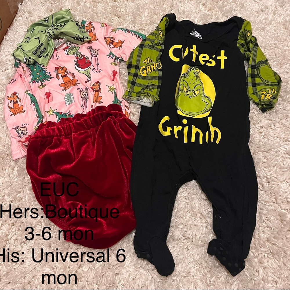 Grinch B/G twin outfits, Hers Size 3-6 months and His 6 months